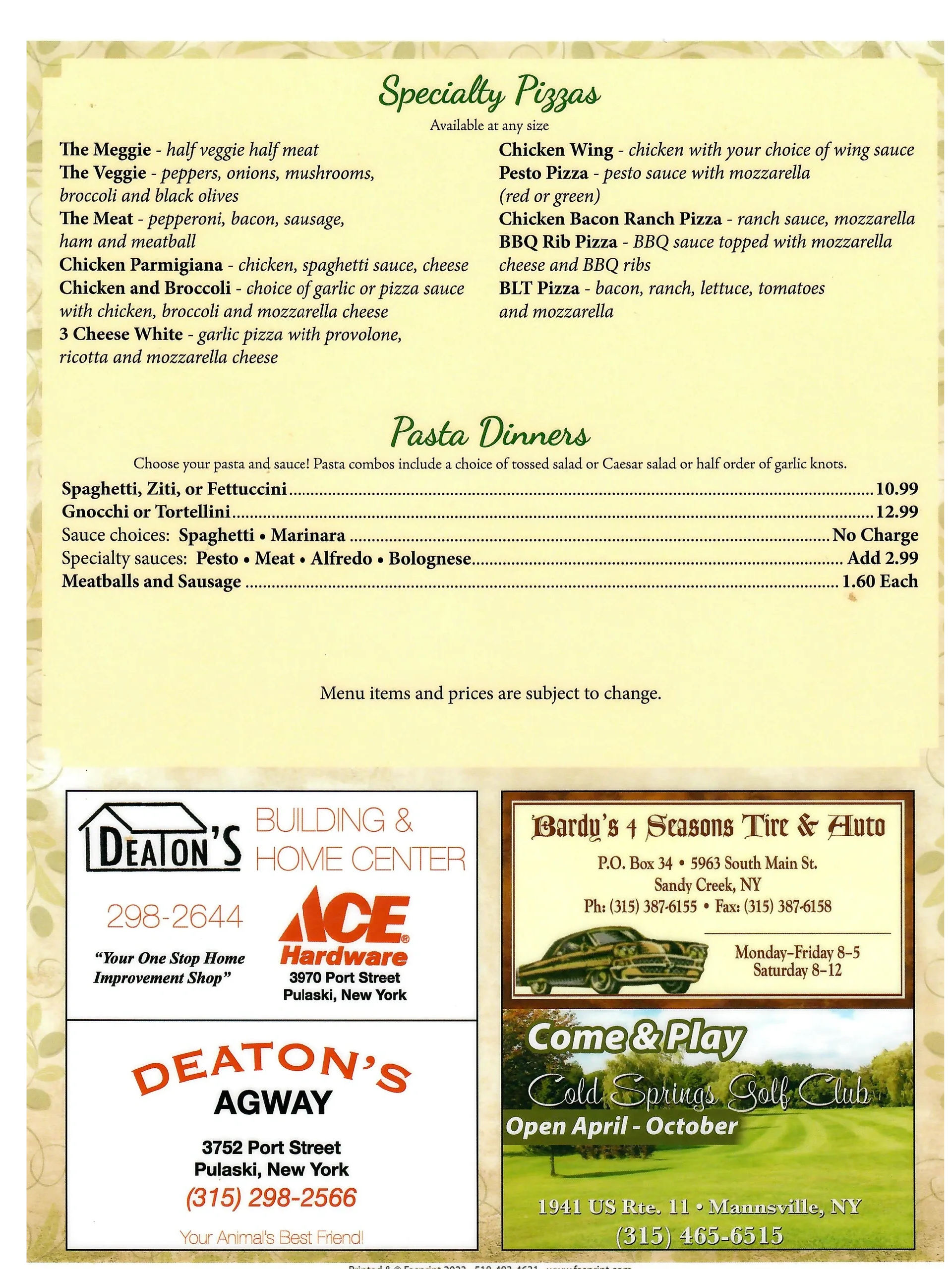 Serena's Pizzeria Menu, Turfway Park