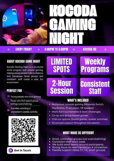 Kocoda Gaming Night offers structured social programs with gaming and support every Friday.