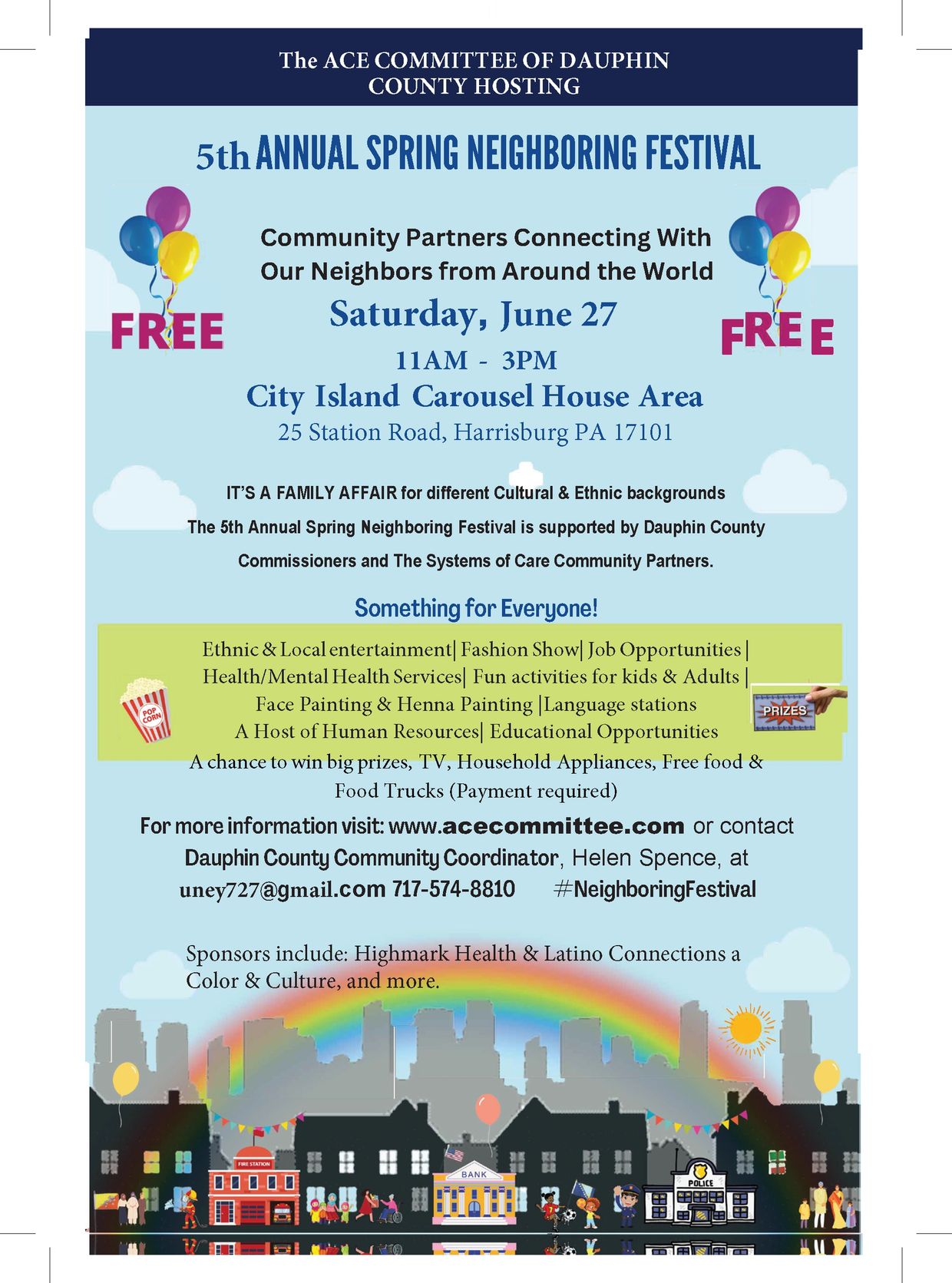Flyer for the 5th Annual Spring Neighboring Festival in Harrisburg, PA, featuring free family activities and cultural events.