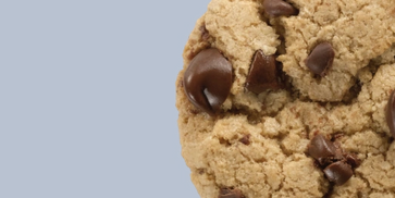 Close-up of a chocolate chip cookie against a blue background.