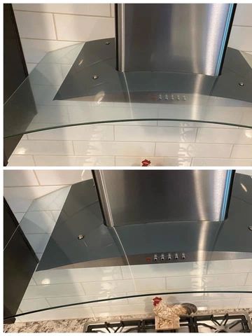 Two views of a modern kitchen hood with glass and metal design.