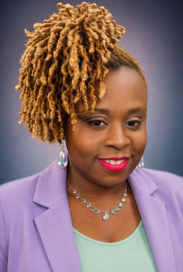 Woman with curly blonde hair wearing a lavender blazer and bright lipstick.