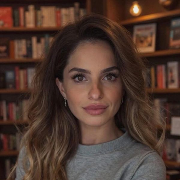 Young woman with long hair in a cozy library setting.