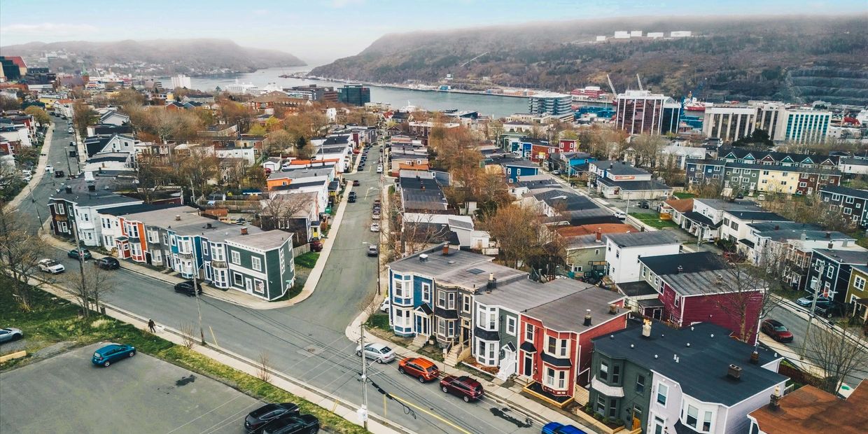 View of downtown St. John's houses and the harbour.