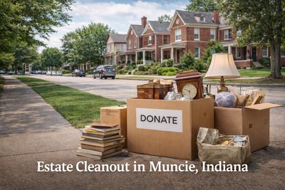 A tree-lined street with older frame homes, side-walk and boxes near driveway access. 