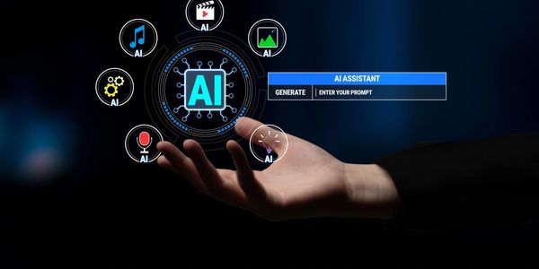 Hand interacting with AI icons and a digital AI assistant prompt.