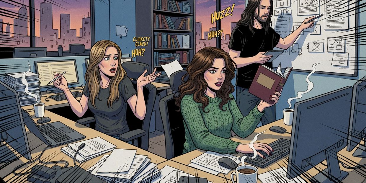 Three coworkers overwhelmed with tasks in a busy office at sunset.