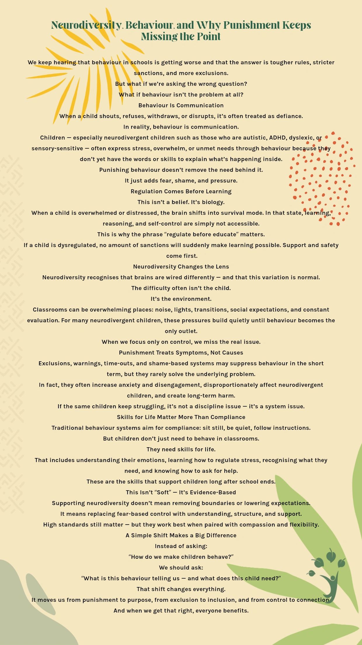 Text explaining how neurodiversity affects behavior and why punishment misses the point.