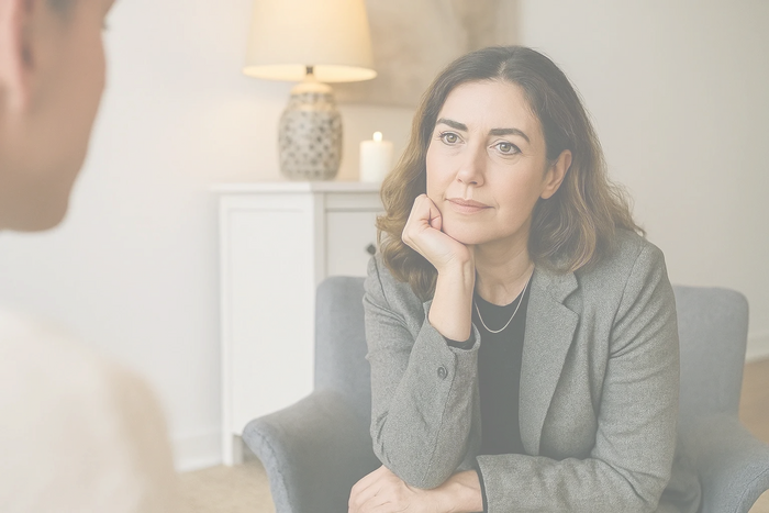 Woman attentively listening during a conversation in a cozy room.
