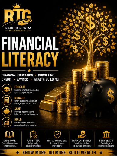 Financial literacy poster promoting education, budgeting, saving, and wealth building.