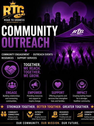 Community outreach initiative promoting engagement, support, and growth with a purple city skyline background.