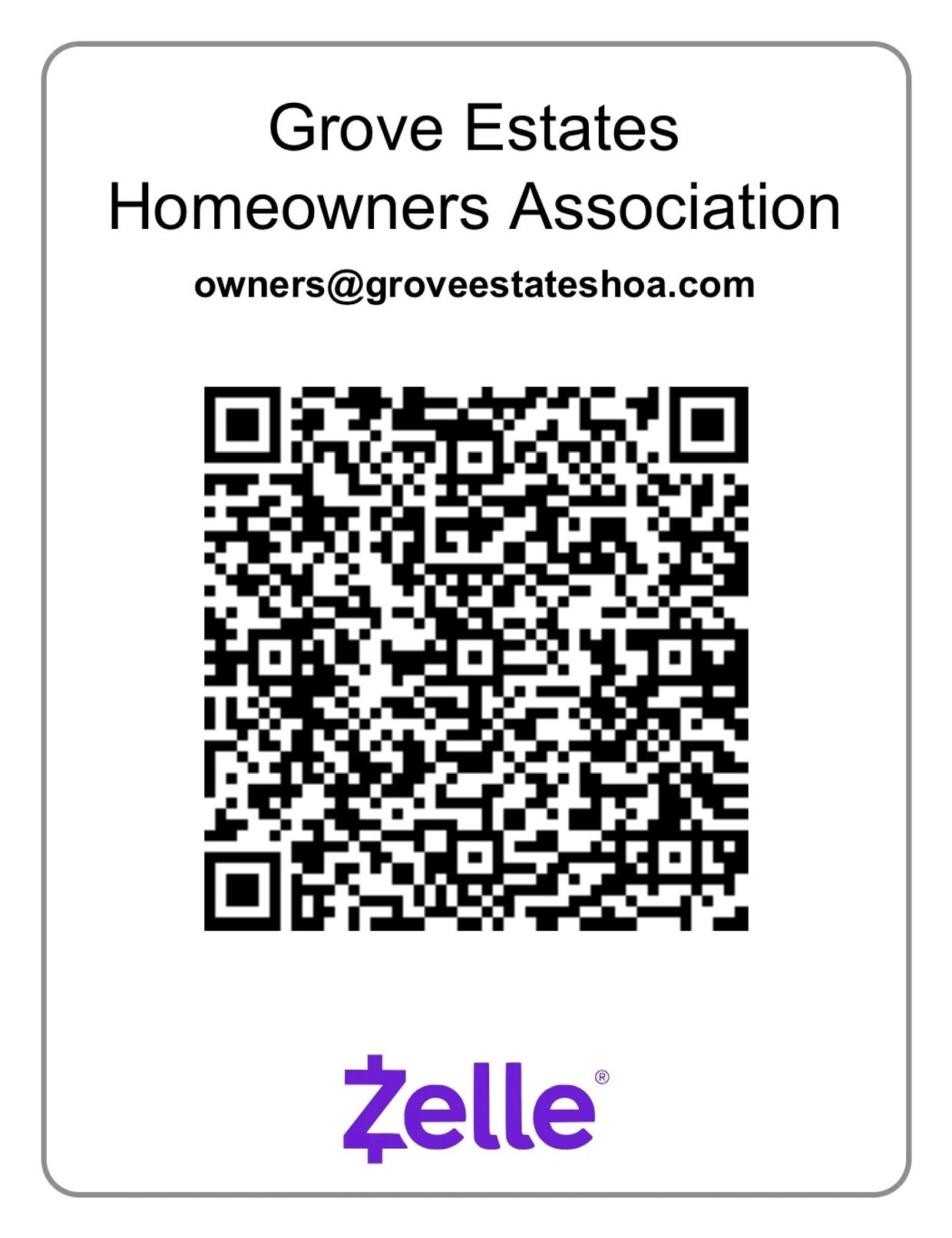 Grove Estates Homeowners Association Zelle QR code and email.