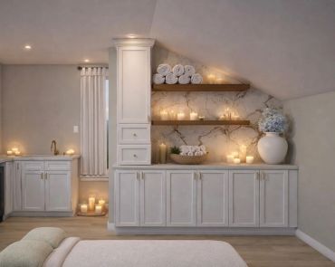 Cozy spa room with candles, towels, and soft lighting.