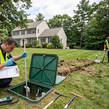Licensed septic technician inspecting tank components during a Title V inspection in Massachusetts