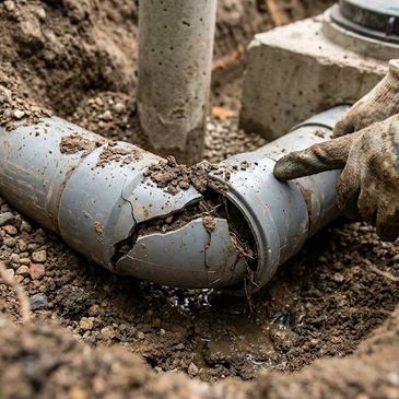 Broken sewer pipe with visible crack undergoing repair by a septic technician