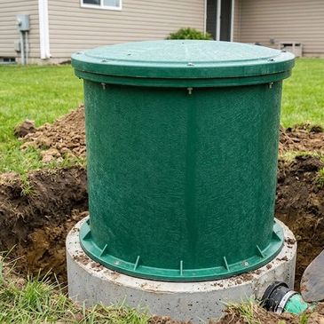 Professional green septic tank riser installation for ground-level access.