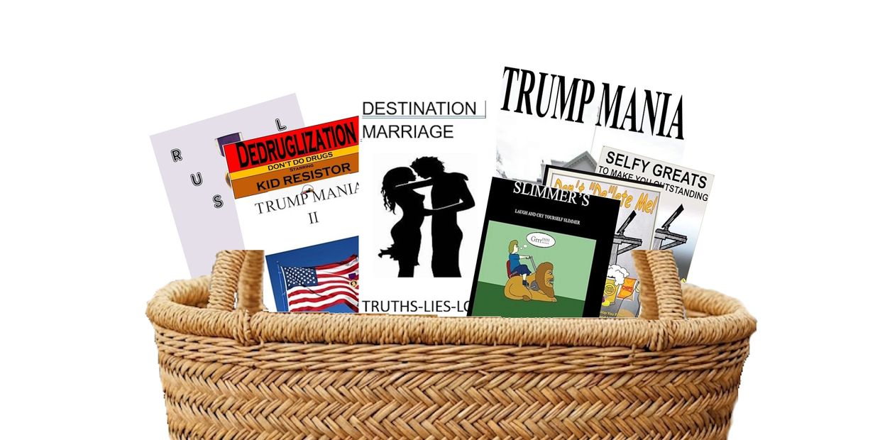 A basket filled with various books and pamphlets on diverse topics.