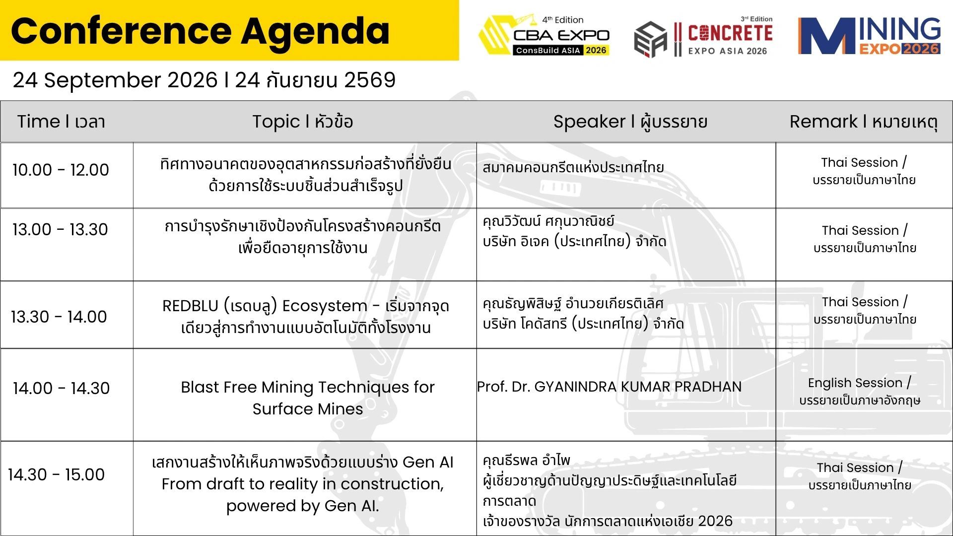 Conference agenda for construction and mining on 24 September 2026.