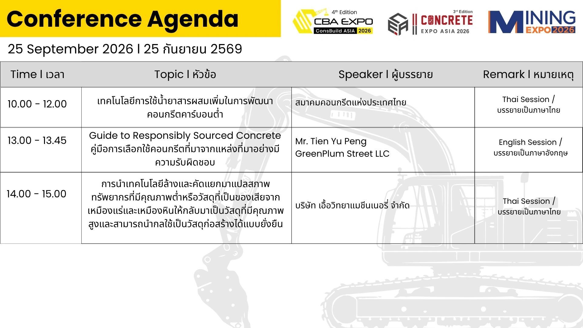 Conference agenda for 25 Sept 2026 with sessions in Thai and English.