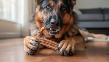 German Shepherd chewing on a bone toy.