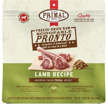 Primal freeze-dried raw lamb recipe dog food.