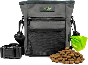 Grey Mighty Paw dog treat pouch with poop bag dispenser and kibble.
