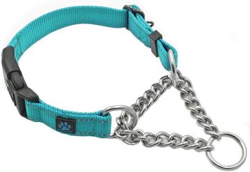 Blue dog collar with metal chain and buckle.