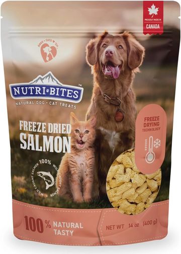 Nutri-Bites freeze dried salmon pet treats for cats and dogs.
