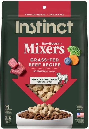 Package of raw freeze-dried dog food with beef recipe.
