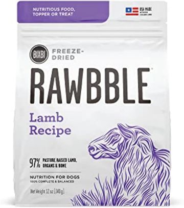 Freeze-dried lamb recipe pet food packaging.
