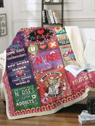 Colorful nursing-themed blanket with motivational and humorous quotes.