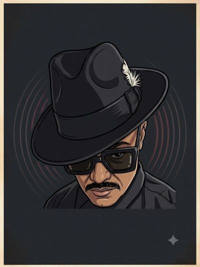 Stylized portrait of a man wearing a black hat with a feather and sunglasses.