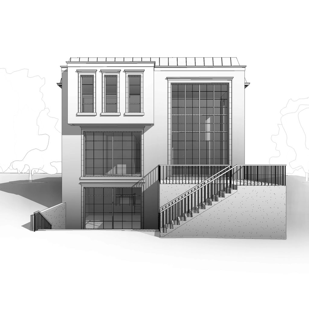 Modern two-story house with large windows and outdoor stairs.