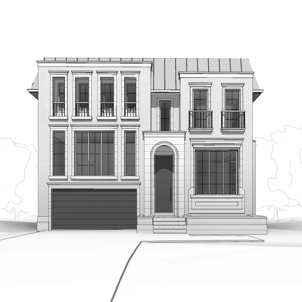 Black and white architectural sketch of a modern two-story house with large windows and a garage.