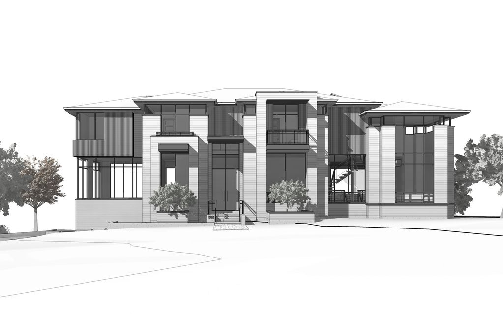 contemporary style house extensive floor-to-ceiling glass windows, multiple roof lines. symmetrical.