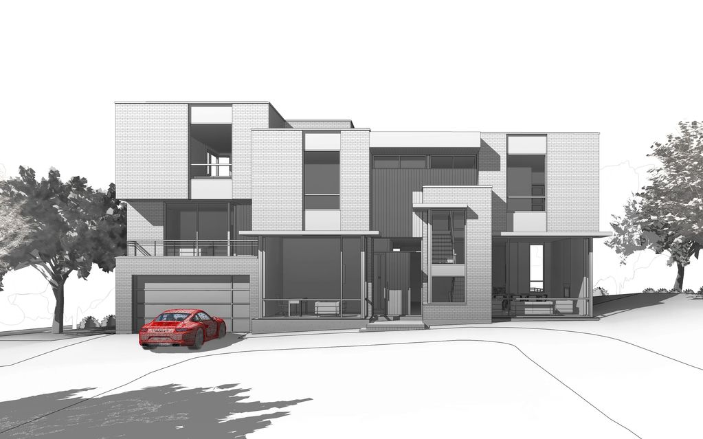 Modern two-story house with large windows and a red sports car parked outside.