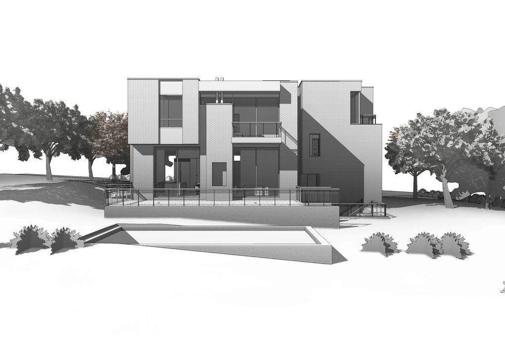 Modern two-story house with large windows and a patio overlooking a sunken pool.