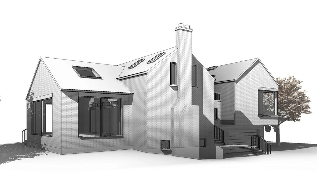 blend of traditional form with modern execution
gabled roof
Large, Modern Windows
brick chimney