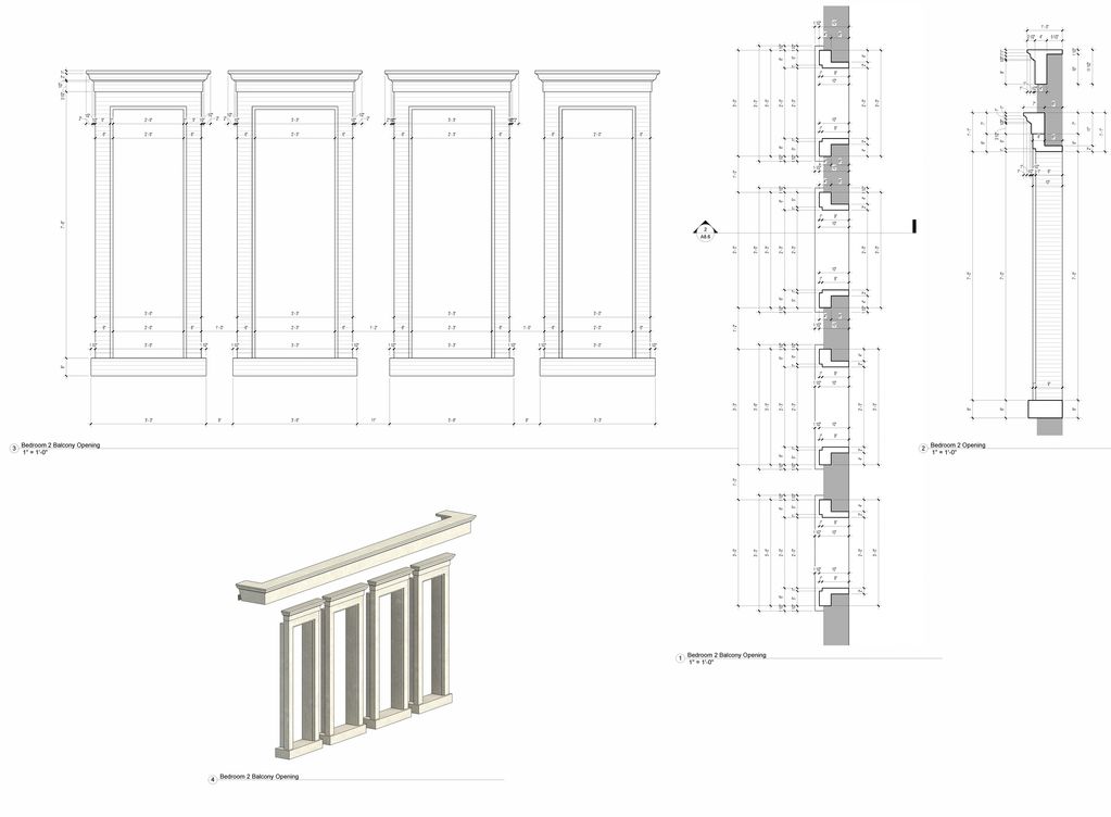 Architectural drawings and 3D model of Bedroom 2 balcony openings with detailed measurements.