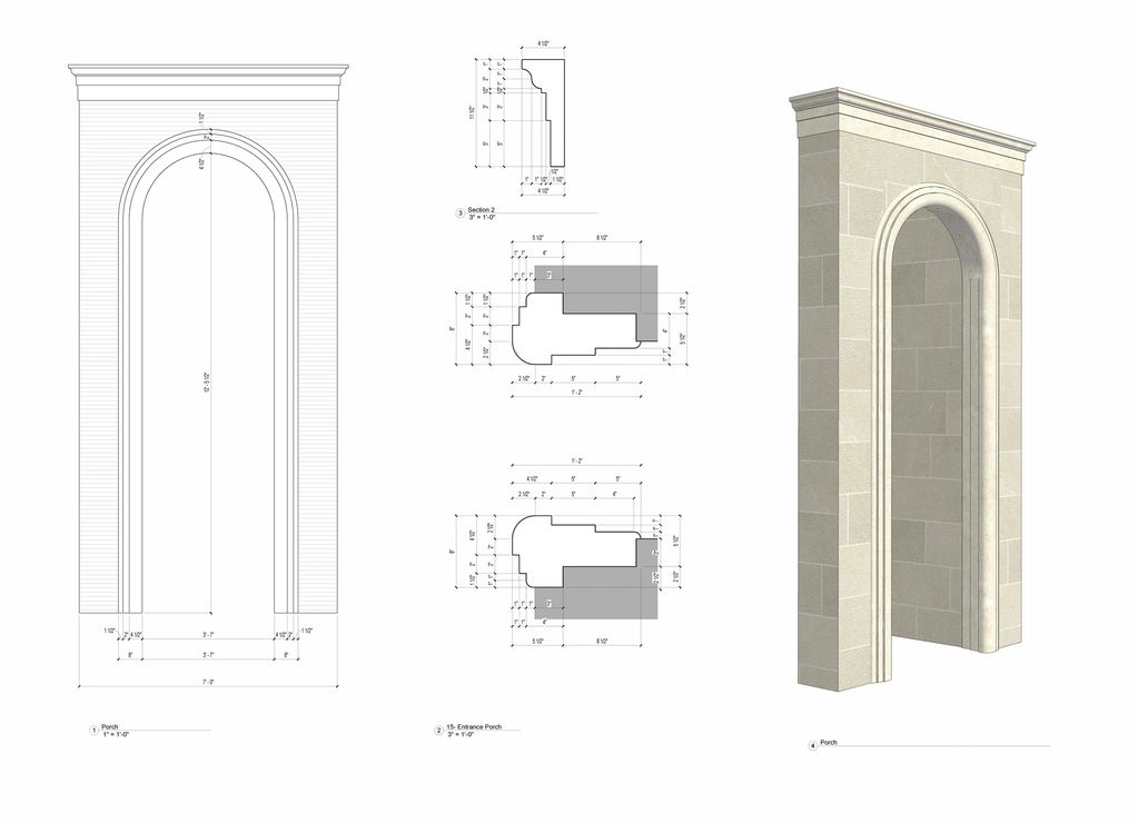 Architectural drawing and 3D rendering of a stone arched entrance porch with dimensions.