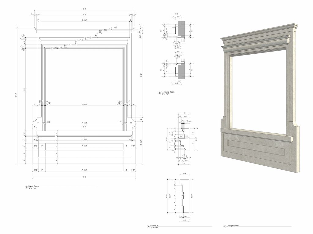 Architectural drawing and 3D rendering of a fireplace mantel with detailed measurements.