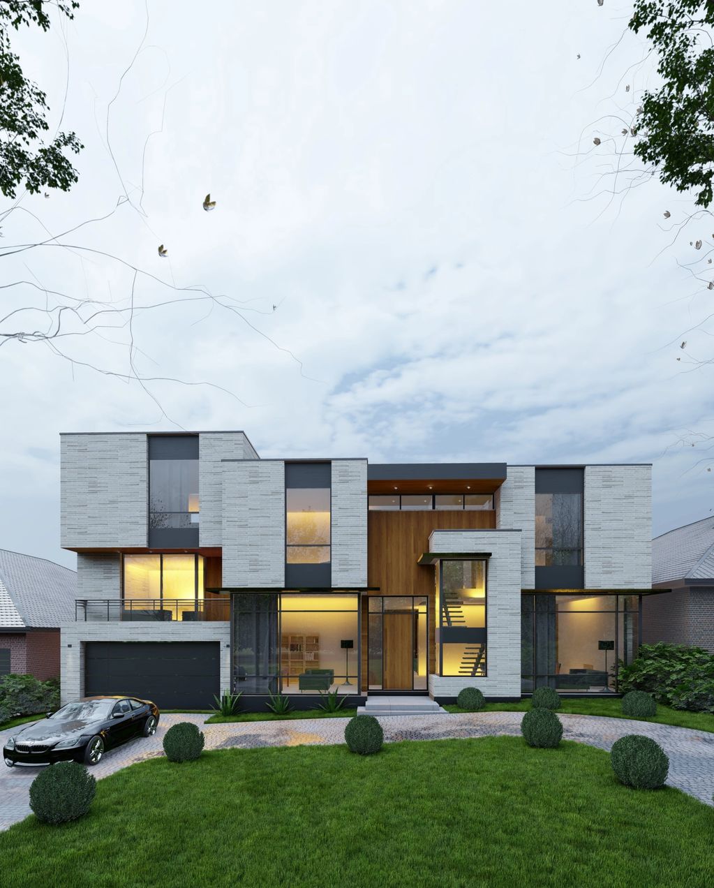 Photorealistic 3D rendering of the front of a large, luxury home on a lush, manicured property.