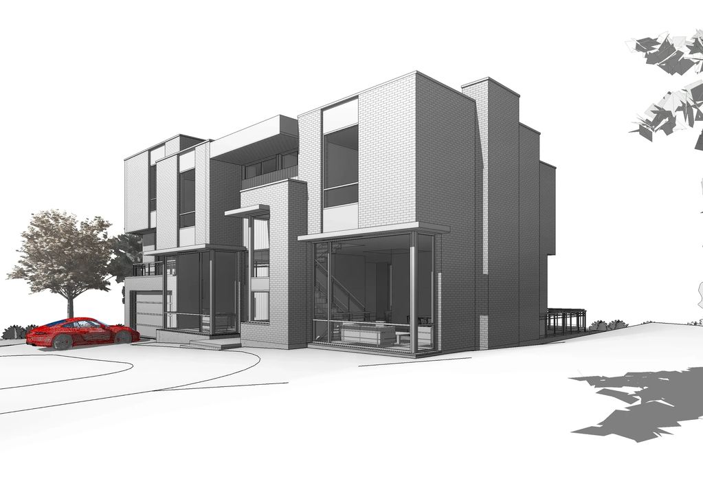 Modern three-story brick house with large windows and a red sports car parked outside.