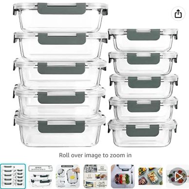 An image of a stack of 10 glass food containers with airtight lids.