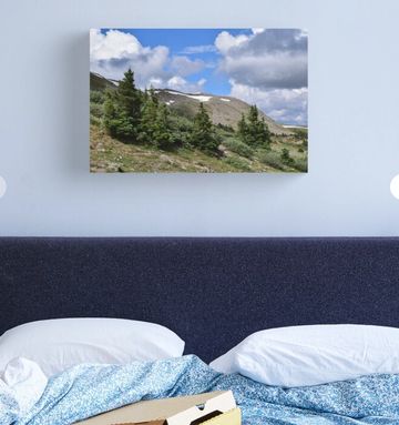 An image of a canvas mountain landscape print above a bed.