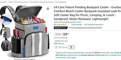 Image of a 54-can backpack cooler sold on Amazon