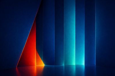 Abstract geometric shapes with glowing blue and orange light gradients.