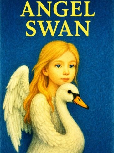 A young angelic girl with wings holding a swan against a blue background.