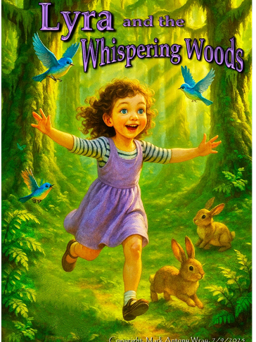 A joyful girl runs through a magical forest with birds and rabbits.