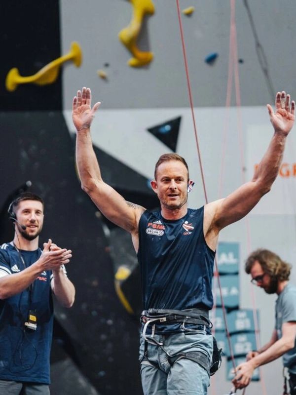 Richard Slocock straight after finishing the Fibsl climbing in the IFSC Wotld Championship 